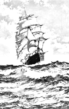 A tall ship sailing through rough seas